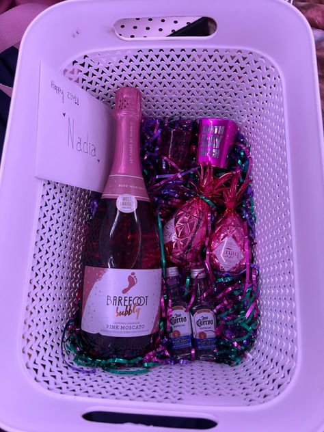 bottlw of Rose! shooters, and shot glasses 21st Gift Basket, Pink Moscato, 21st Gifts, Shot Glasses, Gift Basket, Cute Pink, Gift Baskets, Bubbles, Pink