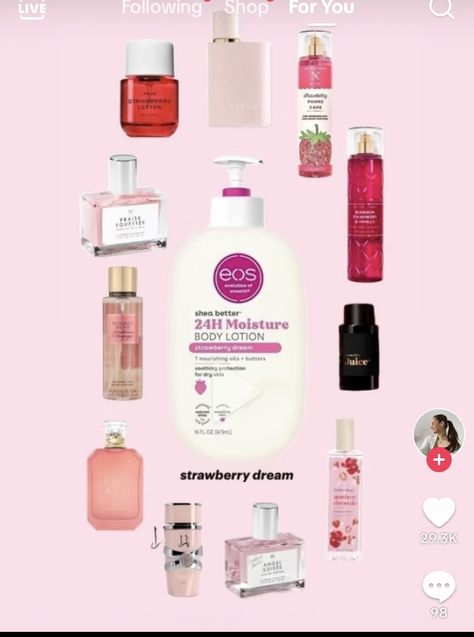 Strawberry Lotion, Eos Body Lotion, Perfumes Aesthetic, Eos Lotion, Perfume Combos, Eos Products, Social Life Hacks, Fragrances Perfume Woman, Body Hygiene