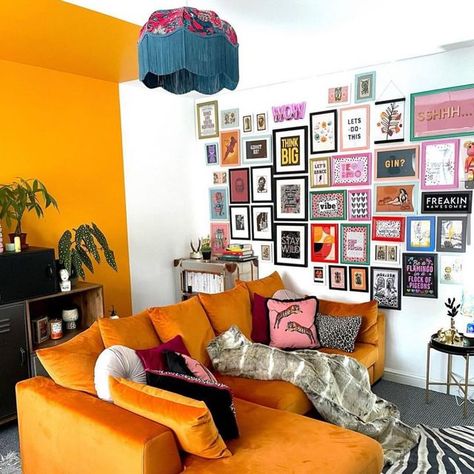 Ella | Colourful Eclectic Maximalist on Instagram: "This photo was taken a year ago! Same angle as the picture from yesterday! A lot can change in a year 😁 The lampshade is now on a floor lamp, the gallery all is bigger, I’ve gotten braver with the overall decor 💕🧡 Let’s see if there will be any changes around the house this year 🤔 #sharemystyle #passion4interior #apartmenttherapy #homeimprovement #myinteriorstyletoday #myinspiringinterior #myhomevibe #sodomino #mydomaine #mydesign #home4ins Pocket Pals, Cosy Interior, Maximalist Home, Yellow Sofa, Bright Rooms, My Living Room, Front Room, Eclectic Decor, Living Room Inspiration