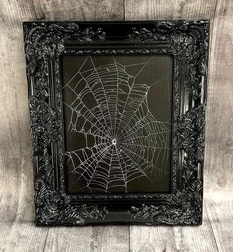 Goth Picture Frames Diy, Spider Web Preservation, Preserve Spider Web, Preserving Spider Web, Spooky Picture Frame, Spider Web Frame, Framed Spider Web, Preserved Spider Web, Weird Gift Ideas