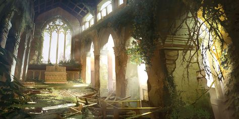 ArtStation - Abandoned Church, Dayeon Kim Fantasy Church Art, Dnd Scenery, Interior Concept Art, Shrines Art, Abandoned City, Church Interior Design, Abandoned Churches, Church Aesthetic, Church Backgrounds