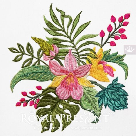 Orchids Bouquet Of Orchids, Tropical Embroidery, Free Embroidery Patterns Machine, Tropical Bouquet, Machine Embroidery Quilts, Sewing Machine Embroidery, Chain Stitch Embroidery, Embroidery Design Sets, Embroidery Patterns Vintage