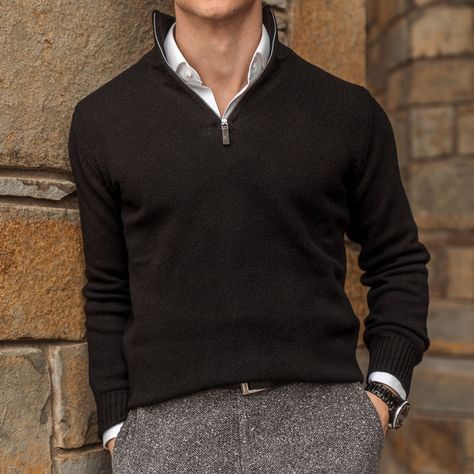 Look great going straight from Business Casual Fridays at the office to after work drinks with our Lambswool Quarter-Zip Pullover! #menswear #classicmenswear #classicmenstyle #mensfashion #mensfashiontips #menstyleguide #sweaters #lambswool #knitwear #sweaterweather #sweaterseason #madeinscotland #fallfashion #winterwear #winstonandco #dapper #gent #black Quarter Zip Business Casual, Black Quarter Zip Outfit Men, Black Quarter Zip Outfit, Quarter Zip Outfit Men, Quarter Zip Outfit, Vest Outfits Men, Male Type, Suits Ideas, Work Ootd