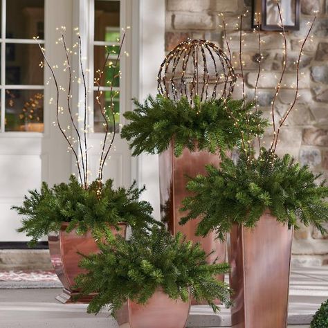 Christmas Decorations & Unique Holiday Decor | Grandin Road Winter Urns, Outdoor Christmas Decorations Lights, Christmas Urns, Muskoka Cottage, Unique Holiday Decor, Xmas Theme, Christmas Planters, Christmas Front Doors, Christmas Porch Decor