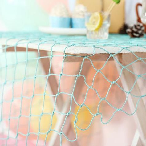 5Ft x 5Ft Turquoise Cotton Decorative Fish Net, Rustic Beach Decor | eFavorMart Beach Theme Party For Adults, Lua Party, Boardwalk Party, Beach Theme Favors, Table Party Decorations, Fish Net Decor, Beach Anniversary, Conservation Activities, Rustic Beach Decor