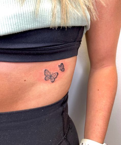 Small Butterfly Tattoo On Ribs For Women, Rib Tattoo Placement, 1st Tattoo Ideas For Women, Butterfly Rib Tattoo, Dainty Tats, 2001 Tattoo, Rib Tattoo Placements, Tattoos On Side Ribs, Rib Tattoos For Women