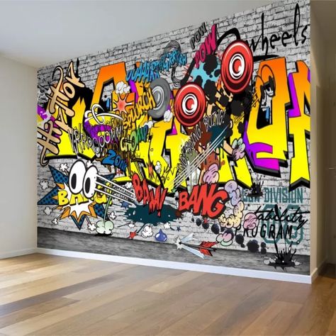 Graffiti Game Room, Game Room Graffiti Wall, Graffiti Wall Art Boys Bedroom, Graffiti Wallpaper Bedroom, Basement Graffiti Wall, Graffiti Murals Interior, Graffiti Wall Design, Graffiti Art Bedroom Wall, Grafitti Bedroom Aesthetic