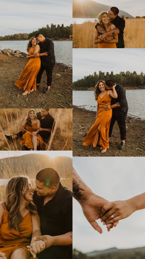 Golden Hour Lake Photoshoot, August Engagement Photos, Fall Anniversary Photo Shoot, Unposed Engagement Photos, Lake Engagement Shoot, Engagement Shoot Outfit Fall, What To Wear For Fall Engagement Photos, Fall Couple Outfits For Pictures, September Engagement Pictures