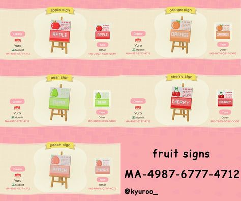 fruit signs for animal crossing new horizons. MA-4987-6777-4712 Acnh Fruit Design, Acnh Smoothie Stall, Animal Crossing Fruit Sign, Animal Crossing Fruit Stand, Animal Crossing Food Stalls, Acnh Fruit, Stall Decorations, Fruit Stall, Peach Drinks