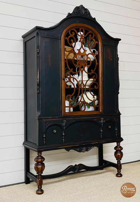 Antique Jacobean Hutch Black China Cabinet Vintage Painted - Etsy Antique White Sherwin Williams, Jacobean China Cabinet, Black China Cabinet, Antique Furniture Makeover, Painted China Cabinets, Painted Armoire, Vintage Painted Furniture, Furniture Remodeling, Cabinet Vintage