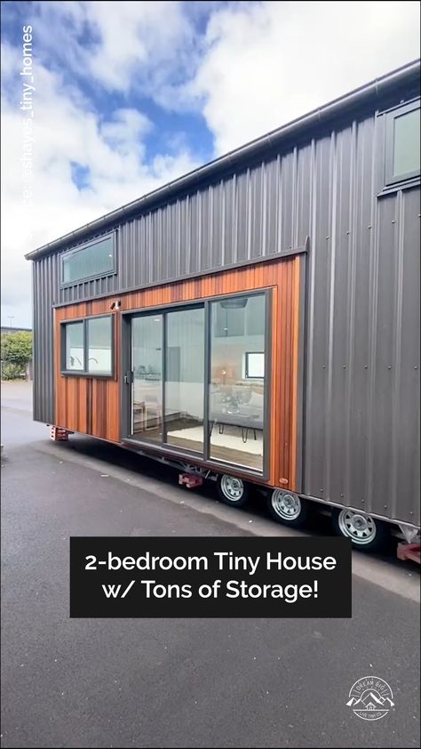 2 Bedroom Tiny House On Wheels Floor Plans, 2 Bedroom Tiny House On Wheels, Tiny Home Videos, Tiny House 2 Bedroom, Stairs Laundry, Japanese Style Tiny House, Tiny Homes On Wheels, Storage Stairs, Tiny Container House