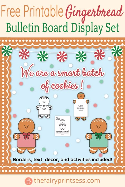 A gingerbread person display set that's perfect for classroom bulletin boards, classroom door decor, school hallway work displays, homeschool displays, and more! This easy to print and prep set includes borders, decorative accents, activities, and the text, "We are a smart batch of cookies!" Great for reading The Gingerbread Man stories and other Christmas and holiday lessons. Fresh Batch Of Smart Cookies Bulletin Board, Gingerbread Themed Bulletin Board, Ginger Bread Man Bulletin Board Ideas, Ginger Bread Bulletin Board Ideas, Gingerbread House Bulletin Board Ideas, Gingerbread Bulletin Board, Gingerbread Door Decorations For School, Gingerbread Bulletin Board Ideas, Gingerbread Cookie Bulletin Board