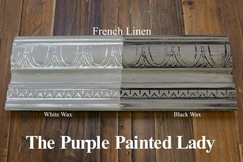 The Purple Painted Lady - Two coats of French Linen Chalk Paint® by Annie Sloan. Then- ONE coat of Clear wax over the ENTIRE board. ONE coat of White Wax on the left and ONE coat of Black Wax on the right. Purple Painted Lady, Annie Sloan Chalk Paint Colors, Annie Sloan Paint Colors, Annie Sloan Colors, Annie Sloan Wax, Chalk Paint Wax, Gray Chalk Paint, Chalk Paint Colors, Chalk Paint Projects