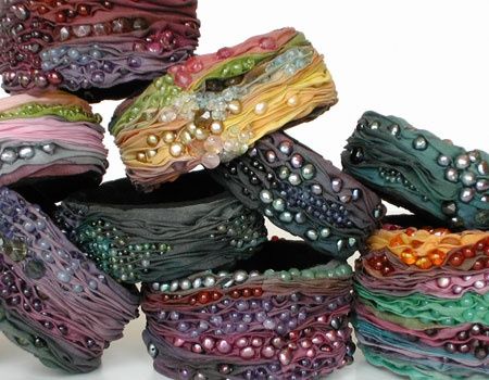 Hand Crochet, Needlepoint and Silk Jewelry - Nunn Design Polymer Bracelets, Felt Bracelet, Shibori Ribbon, Silk Bangles, G Design, Shibori Jewelry, Fimo Polymer Clay, Polymer Clay Bracelet, Silk Jewelry