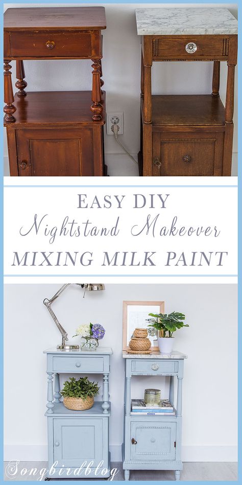 DIY night stand makeover. Change the color of a nightstand! I love this painting bedside tables idea. These fun nightstands received a milk paint makeover to make them a matching pair. What a great way to paint a nightstand shabby chic. Revamp Nightstand, Repainting Nightstand Diy, Painted Bedside Tables Night Stands, Painting Bedside Tables Ideas, Fun Nightstands, Thrifted Nightstand, Refurbished Night Stand Ideas, Renovated Furniture, Bedside Table Makeover