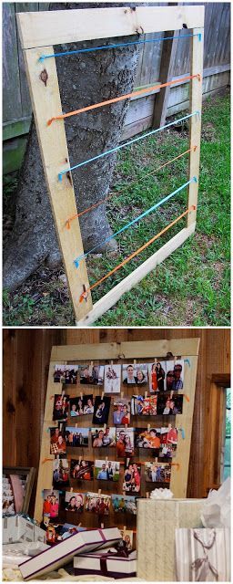 DIY - Wooden Framed Picture Display Paint the frame & maybe use wire in place of string........ Picture Display Ideas For Party Easy Diy, Senior Graduation Party, Graduation Party High, Graduation Open Houses, Graduation Tables, High School Graduation Party, Party Pictures, Foto Tips, Graduation Decorations