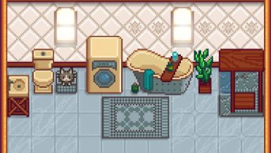 Adorable Cottage Bathroom Furniture at Stardew Valley Nexus - Mods and community Stardew Valley Bathroom, Stardew Bathroom, Stardew Valley Mods Furniture, Stardew Valley Furniture Mod, Stardew Valley Furniture, Stardew Mods, Gamer Baby, Stardew Valley Layout, Stardew Valley Tips