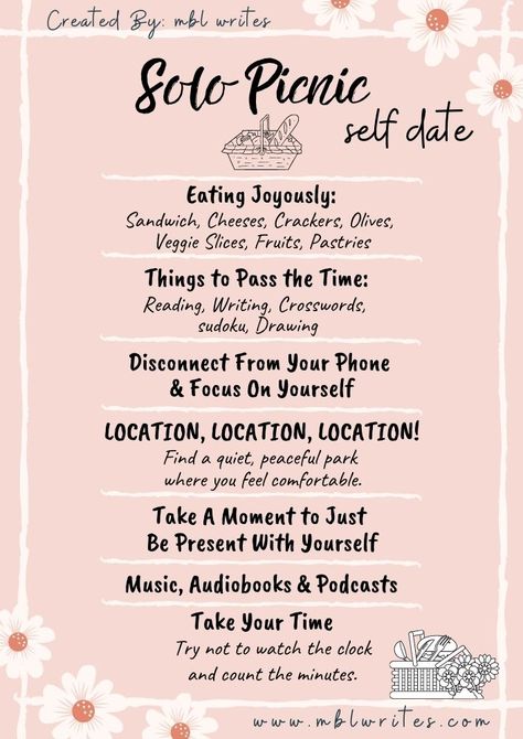 Solo Picnic Date Schedule - CLICK for FREE printable Solo Picnic Date Schedule + template. picnic date ideas. picnic food ideas. picnic ideas alone. picnic date alone. #picnic #datingyourself #picnicalone #picnicideas #picnicschedule Date Ideas For Singles, Picnic Date Quotes, Self Love Picnic, Self Picnic Date, Picnic For One Person, Date Ideas For Yourself, Picnic Ideas Activities, Single Date Ideas, Self Date Ideas Aesthetic