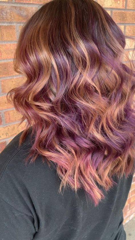 Peanut Butter And Jelly Highlights, Brunette Hair With Rose Gold Peekaboo, Auburn Hair With Peekaboo Highlights, Purple Highlights In Red Hair, Natural Red Hair With Purple Highlights, Copper Hair With Purple Highlights, Purple Highlights Red Hair, Fall Colorful Hair, Mesh Hair Color