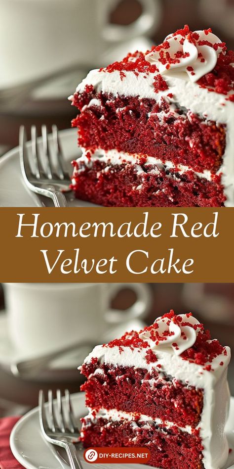 Enjoy Homemade Red Velvet Cake with this simple recipe. Perfectly baked with a luscious cream cheese frosting. #HomemadeBaking #RedVelvetCake Red Velvet With Cream Cheese Frosting, Homemade Red Velvet Cake Recipe From Scratch, Diy Red Velvet Cake, Old Fashioned Red Velvet Cake Recipe, Homemade Red Velvet Cake Recipe, Perfect Red Velvet Cake Recipe, Real Red Velvet Cake Recipe, Red Velvet Cake Moist, Red Velvet Cake From Scratch