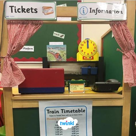 Brilliant train station role play classroom area. Sign up to Twink to download the role play pack, containing train station tickets, timetables, display signs, banners and more! #trains #transport #tickets #roleplay #station #trainstation #timetable #classroom #eyfs #earlyyears #twinkl #twinklresources #nursery #play #indoorplay #teaching #teacher #parenting #homeeducation #diykids Train Role Play Eyfs, Trains Eyfs Activities, Train Station Classroom Theme, Train Station Role Play Eyfs, Train Dramatic Play Preschool, Train Station Dramatic Play Preschool, The Train Ride Eyfs Activities, Train Dramatic Play, Trains Eyfs