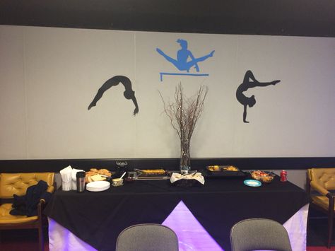 Hospitality room decor for a gymnastics meet. The silhouettes were made from poster board (used my overhead projector to enlarge the images then cut out). Gymnastics Meet, Overhead Projector, Poster Board, Projector, Gymnastics, Cut Out, Room Decor, Home Decor Decals