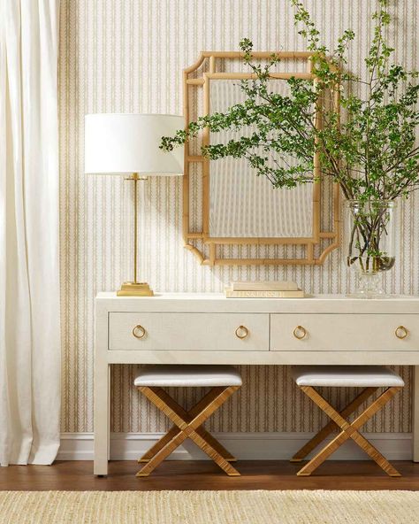 Console table decor - lamp, mirror, and greenery Console Table Decorating, Rattan Mirror, Serena And Lily, Serena & Lily, Low Ceiling, Subtle Textures, Antalya, Textured Walls, Console Table