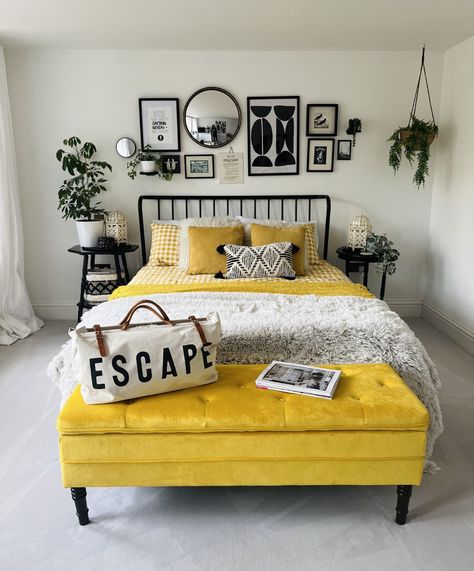 "We moved from a converted church to a converted school house," says Rachel Hill, who shares this home with her husband. "We both love the character that comes with an old building which is brought back to life and repurposed as a home." Black Canopy Bed, Black White Bedrooms, Unique Living Room, Yellow Bedroom Decor, Black Accent Walls, Guest Room Design, Yellow Bedding, Yellow Room, Yellow Decor