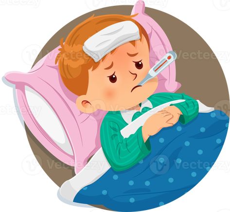 Sick boy resting on the bed with a thermometer in his mouth and high fever Fever Cartoon, Fever Illustration, Sick Clipart, Sick Boy, High Fever, People Sleeping, Wedding People, Cityscape Photos, Logo Banners