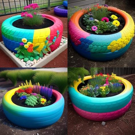 Tyre Garden Ideas, Garden Ideas Kids, Garden Ideas Using Old Tires, Tyre Garden, Tire Ideas, Tire Garden, Dream Backyard Garden, Tire Planters, Recycled Garden