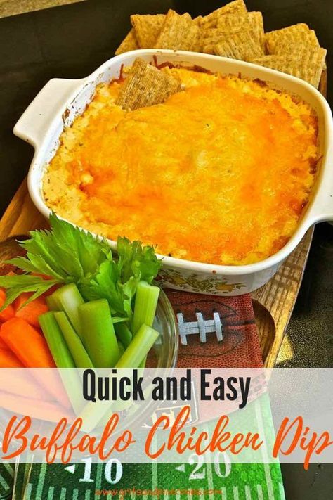 If you love Buffalo wings, you will love this quick and easy oven-baked Buffalo Chicken Dip with Blue Cheese! It tastes just like the wings, but it's the best because there is no mess and it's a perfect game day or New Year's Eve party appetizer! #gamedayfood, #gamedayrecipes, #newyearseveparty, #newyearsevepartyideas  via @gritspinecones Quick Buffalo Chicken, Buffalo Chicken Dip Oven, Baked Buffalo Chicken Dip, Easy Oven Recipes, Chicken Wing Dip, Dip Recipes Hot, Chicken Buffalo, Buffalo Chicken Dip Crock Pot, Appetizers Easy Dips