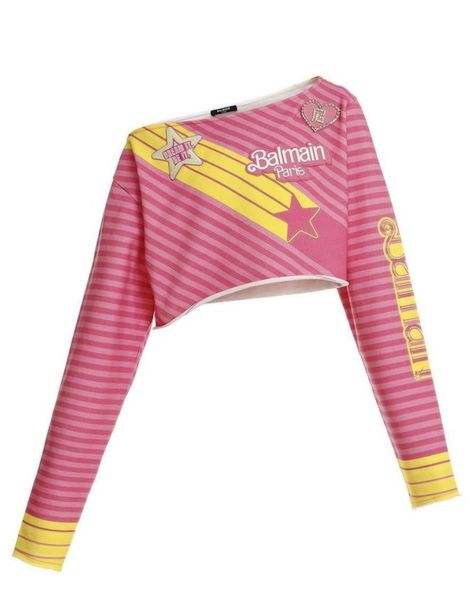 Balmain x Barbie top Balmain Barbie, Barbie Top, Star Logo, Shooting Star, Themed Outfits, Dope Outfits, Shoulder Crop Top, Pink Sweatshirt, Cute Fashion