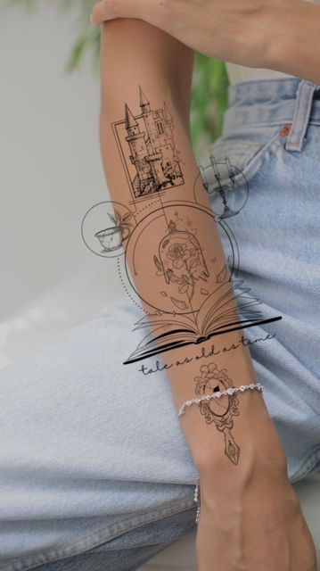 Fine Line Beauty And The Beast Tattoo, Beauty And The Beast Spine Tattoo, Beauty And The Beast Book Tattoo, Beauty And The Beast Mirror Tattoo, Fineline Disney Tattoo, Beauty And The Beast Inspired Tattoos, Simple Beauty And The Beast Tattoo, Disney Collage Tattoo, Bridgerton Tattoo Ideas