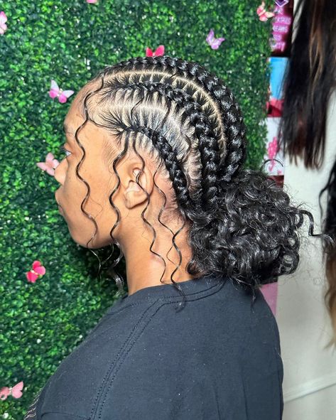 Cornrow Buns With Curls, Cornrow Braids Into 2 Buns, Braided Back With Curly Hair, Add On Hairstyles, Feed In Braids Hairstyles With Curls, Back Cornrows Braids For Black Women, Braids With Two Buns In The Back, Cornrow With Bun In The Back, Feed In Buns With Curls