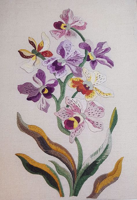 Orchid Embroidery Pattern, Orchid Embroidery Design, Orchid Flower Embroidery, Orchid Embroidery, Embroidery Stitches Beginner, Crewel Embroidery Kits, Simple Embroidery Designs, Embroidered Designs, Hand Embroidery Patterns Flowers