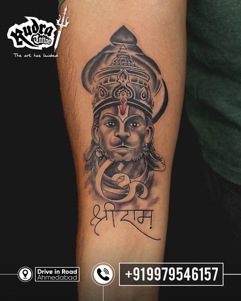 Location : Opp. Gurukul Temple, Drive-in-Road, Ahmedabad, Gujarat. Hanumanji Tattoo #hanumanji #hanumanjitattoo #hanumanbhakt #jaishriram #religioustattoos #religiousart #religious #indianreligion #indiangod #tattooboy #tattooartist #tattooidea #tattooart #tattooing #tattooed Bajrangbali Tattoo, Hanuman Ji Tattoo, Rudra Tattoo, Hanuman Tattoo, Gothic Lettering, Band Tattoo Designs, Shiva Tattoo Design, God Tattoos, Thai Tattoo