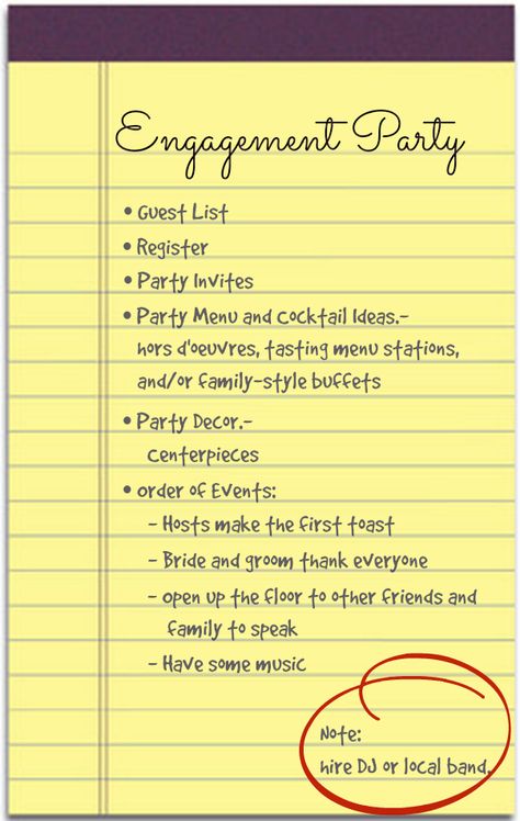 Kassandras to-do-list for Laura's engagement party. Backyard Party Engagement, Engagement Party At Home Games, Pavilion Engagement Party, Small Engagement Dinner Ideas, When To Have Engagement Party, Engagement Party Checklist Planners, Things To Do At An Engagement Party, Engagement Party List To Do, Evening Engagement Party