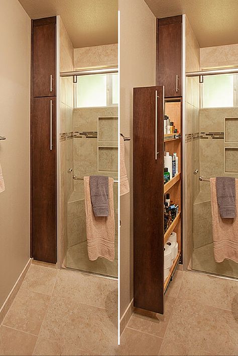 Small Bathroom Hidden Storage, End Of Shower Storage, Hidden Bathroom Storage Ideas, Small Bathroom With Lots Of Storage, Bathroom Hidden Storage, 1950 Bathroom Remodel, Hidden Bathroom Storage, Pullout Storage, Hidden Bathroom