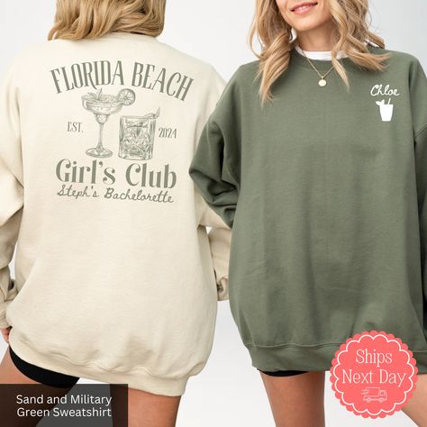 All of our bachelorette sweatshirts are handmade to order on an ultra soft crewneck that will quickly become your go to apparel item! Our trendy bridesmaid hoodies are printed using an eco-friendly water based ink that feels good and lasts longer!  🖤How to order🖤 *Select your size and style of garment *Select your color of garment. Please note: if the design has white ink in it do not order a white garment as it will not show up. If the design has black ink in it do not order a black garment as it will not show up. Let me know if you have questions on this! *ADD TO CART *Select from our shipping class options 🖤Sizing🖤 All our sweatshirts are unisex sizing. For a more fitted look we recommend ordering your normal size. If you prefer your garment to be baggy / more oversized, then we rec Bridesmaid Hoodies, Personalized Bachelorette Gifts, Bachelorette Sweatshirts, Bride Hoodie, Trendy Bridesmaids, Trendy Bride, Custom Matches, Beach Bachelorette, Green Sweatshirt