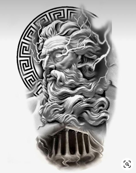 Greek God Zeus Tattoo, Zues Tattoo Stencil, Hercules Tattoo Stencil, Roman Tattoo Ideas Mythology, Zeus Tattoo Design Greek Gods, Zeus Tattoo Design Ideas, Olympus Tattoo, Zeus Tattoo Design, Upper Shoulder Tattoo