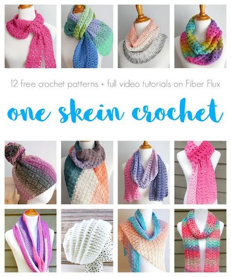 One Skein Projects, 12 Free Crochet Patterns from Fiber Flux One Skein Crochet Projects, One Skein Projects, Caron Cakes Crochet, Crochet Scarf Pattern Free Easy, Crochet Infinity Scarf Free Pattern, Simple Scarf Crochet Pattern, Crochet Project Free, One Skein Crochet, Mandala Yarn