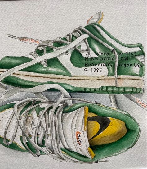 watercolor painting of the Nike Dunk Low x Off-White Pine Green #art #watercolor #painting #offwhite #nikedunk #dunks Nike Dunks Drawing, Nike Drawings Art, Aesthetic Art Drawing Paintings, Nike Dunk Drawing, Aesthetic Painting Green, Nike Painting, Green Aesthetic Art, Nike Drawing, Sneakers Art