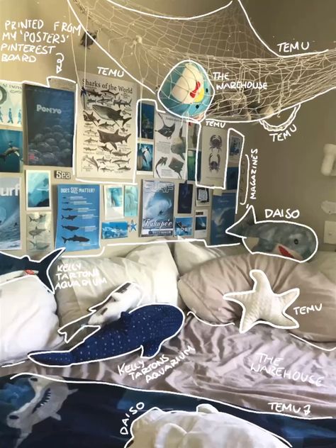 ❕This is my room !! Please don’t repost.  - ˚˖𓍢ִִ໋🌊🦈˚˖𓍢ִ✧˚. - - # -  - #ocean #oceanlife #sea #oceanbedroom #bedroom #aesthetic #oceanroom #shark #sharkroom #oceanaesthetic #marinebiology #marinelife #marinebiologist #marinebiologyroom #oceanthemedroom #aesthetic #oceanroominspo #roominspo #jellyfish #links Ocean Bedroom Decor Ideas, Jellyfish Room Decor Aesthetic, Marin Core Aesthetic, Cozy Ocean Bedroom, Ocean Core Aesthetic Bedroom, Ocean Theme Room Aesthetic, Summer Room Aesthetic Ideas, Marine Biology Dorm Room, Marine Biologist Room Decor