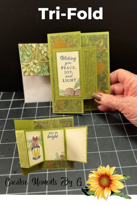 Angled Tri Fold Card Tutorial, Triple Panel Fold Card, Susan Campfield Fun Fold, Tri Fold Shutter Card, Multi Panel Accordion Fold Card, Tri Fold Cards, Fancy Fold Card Tutorials, Fold Envelope, Card Folds