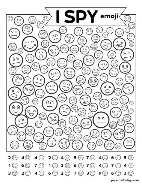 Free Printable I Spy Emoji Game. Boredom buster for fun summer, winter, or road trip travel games. Find the emoticon faces. #papertraildesign #ispyprintable #boredkids #travel #kids #travelgames Game Paper, Emoji Game, Paper Trail Design, Emoticon Faces, Bored Kids, Emoji Games, I Spy Games, Spy Games, Trail Design