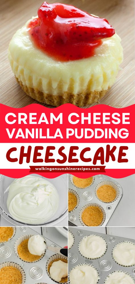 A no-bake dessert recipe featuring cheesecake pudding! Made with cream cheese and vanilla pudding, this pudding cheesecake is a simple sweet treat everyone will love. Check out how to serve these cheesecake cupcakes! Vanilla Pudding Cheesecake Recipes, Vanilla Pudding Cream Cheese Dessert, Pudding Mix Cheesecake, Dessert With Cream Cheese Easy, Desert With Cream Cheese Easy, Cheesecake Jello Dessert, Vanilla Pudding Cheesecake No Bake, Easy Cream Cheese Pie No Bake, Easy No Bake Cheesecake Filling