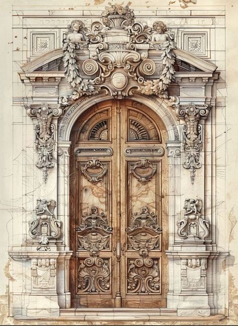 Mozaik Detailing Architecture, Gothic Architecture Drawing, French Gothic Architecture, Classic Facade, Architecture Blueprints, Architecture Classic, Large Door, Neoclassical Architecture, Watercolor Architecture