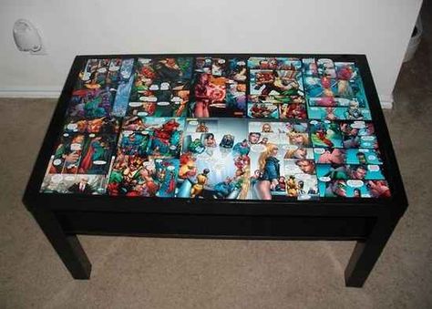 Comics Coffee Table | 21 Geeky Projects Fit For A Superhero - with my excess Avengers cards Best Man Caves, Geek Home Decor, Comic Book Storage, Man Cave Ideas, Geek Diy, Ultimate Man Cave, Coffee Tables For Sale, Coaster Furniture, Diy Coffee