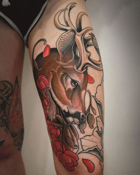 Stag thigh tattoo by neo-traditional artist Robin Kemper, done at Greyhound Tattoo in Essen, Germany. Robin Tattoo Neotraditional, Neo Traditional Stag Tattoo, Deer Tattoo Neotraditional, Neo Traditional Deer Tattoo, Traditional Deer Tattoo, Neo Traditional Animal Tattoo, Husband Tattoos, Stag Tattoo Design, Greyhound Tattoo