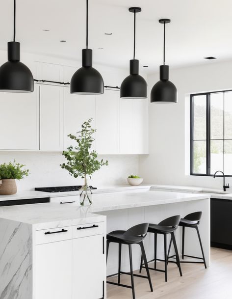 A kitchen where white is the main element enhances the effect of airiness radiating brightness and neatness. White cabinets, counters, and walls are used to describe the main colors against which small black and white kitchen decor things, like matte black handles, or a black pendant light are less color. It is a great option for smaller kitchens because it visually enlarges the space. White Kitchen With Black Handles, White Kitchen Black Handles, Small Black And White Kitchen, Kitchen Black Handles, Black And White Kitchen Ideas, Black And White Kitchen Decor, Monochromatic Kitchen, Black Kitchen Handles, White Upper Cabinets